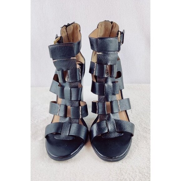 Steve Madden Black Leather Gladiator Sandal Stacked 4" Black Heel Sexy Size 7.5 - Picture 2 of 10